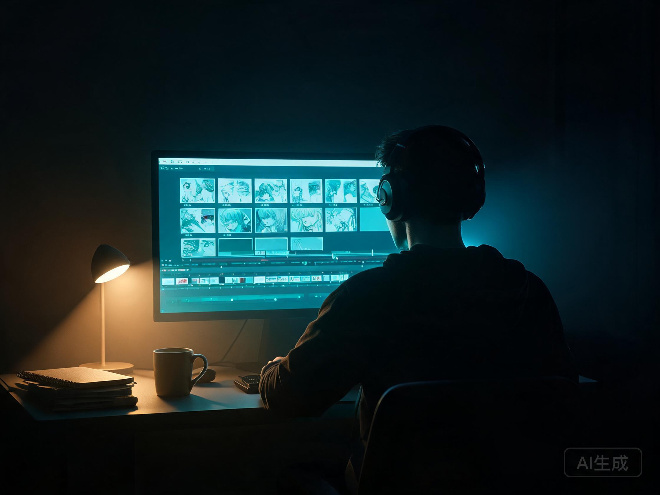 深夜独自坐在电脑前的创作者，屏幕上是AI动画分镜与时间线