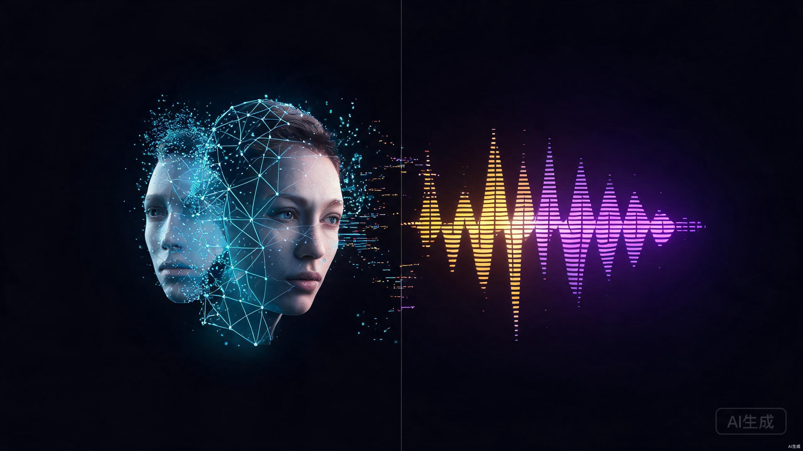 AI换脸与声音克隆主视觉：人脸数字化解构与声波身份迁移