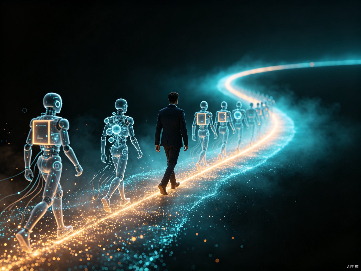 跟随者之路：一名职业人士与发光的 AI Agent 伙伴并肩走在光粒子铺成的道路上