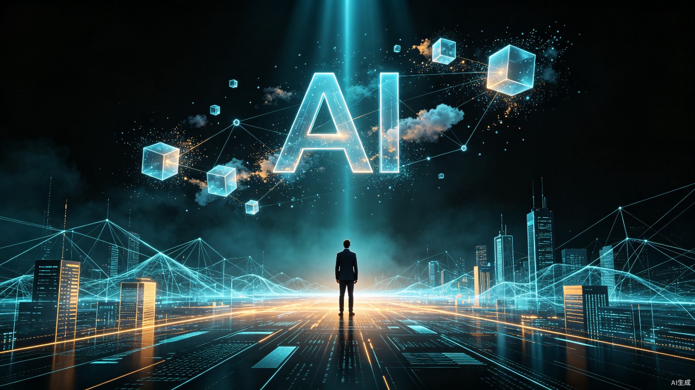AI冲击下的打工未来主视觉：一名职业人士站在由神经网络光流构成的智能工作场景中央，抬头仰望AI星座