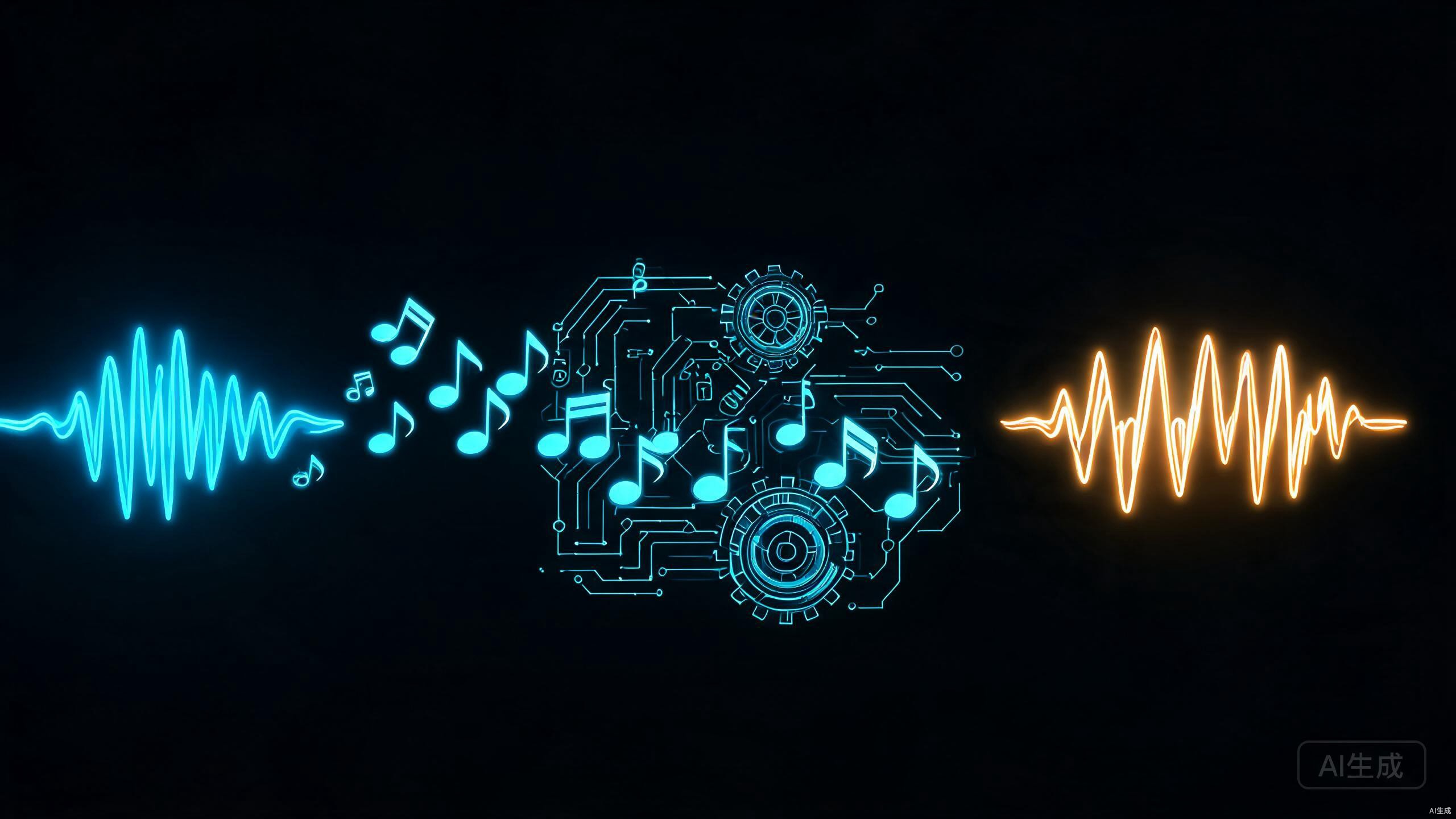 歌曲改词流水线主视觉：声波转化为音符再重组为新歌声